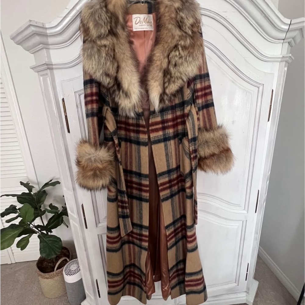 Plaid Coat with Faux Fur Trim